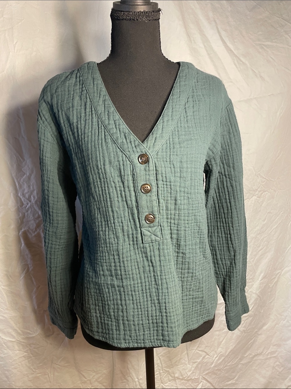 Madewell Dusty Teal Textured V-Neck Button Pullover